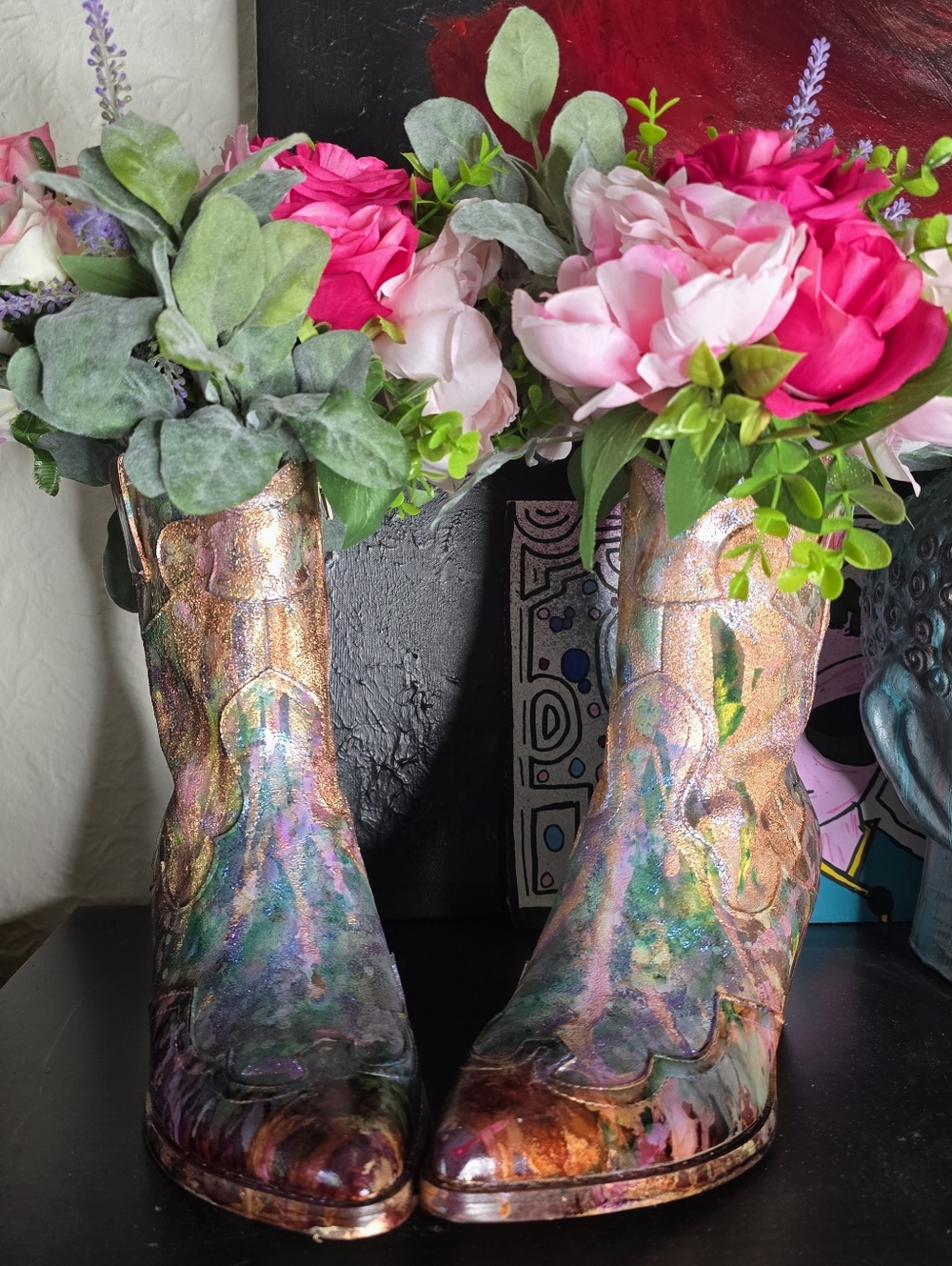2 HANDCRAFTED Upcycled Cowgirl Boot Vases HANDPAINTED Country Tabletop Art Decor